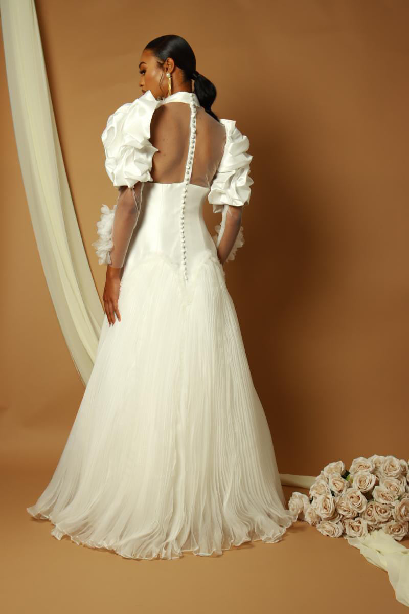 Aria of Elegance: High neck floral bodice wedding dress with pleated chiffon bottom. Mikado and chiffon gown.