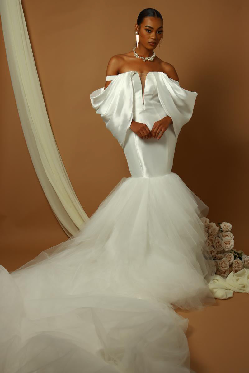 Pearlescent Majesty: Draped sleeve, V-neck, mermaid wedding dress. Mikado and tulle gown.