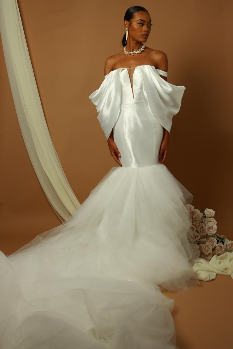Pearlescent Majesty: Draped sleeve, V-neck, mermaid wedding dress. Mikado and tulle gown.