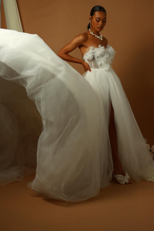 Whimsical Elegance:  Strapless tulle ball gown wedding dress with a 3d floral bodice. Tulle gown.