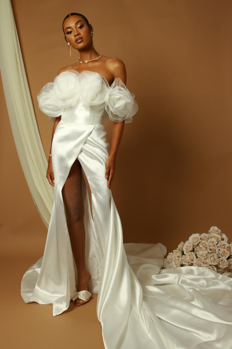 Off the shoulder mikado wedding dress hotsell