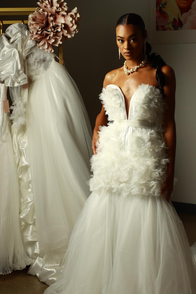 Celestial Whisper: Strapless, V-neck fit and flare wedding dress. Tulle gown.