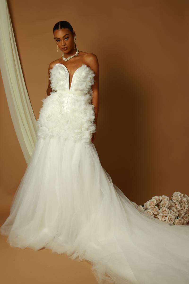 Celestial Whisper: Strapless, V-neck fit and flare wedding dress. Tulle gown.