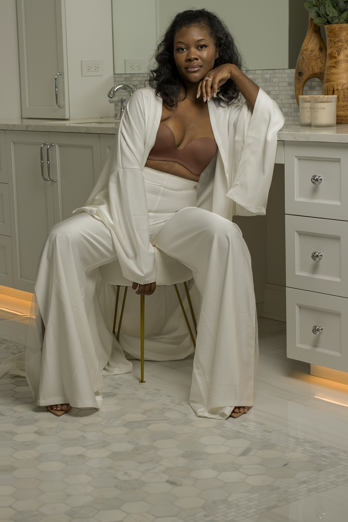 PRE-ORDER Darling Lounge Lux Set in Ivory | Elegant High-Waisted Sheer Panel Pants & Oversized Robe