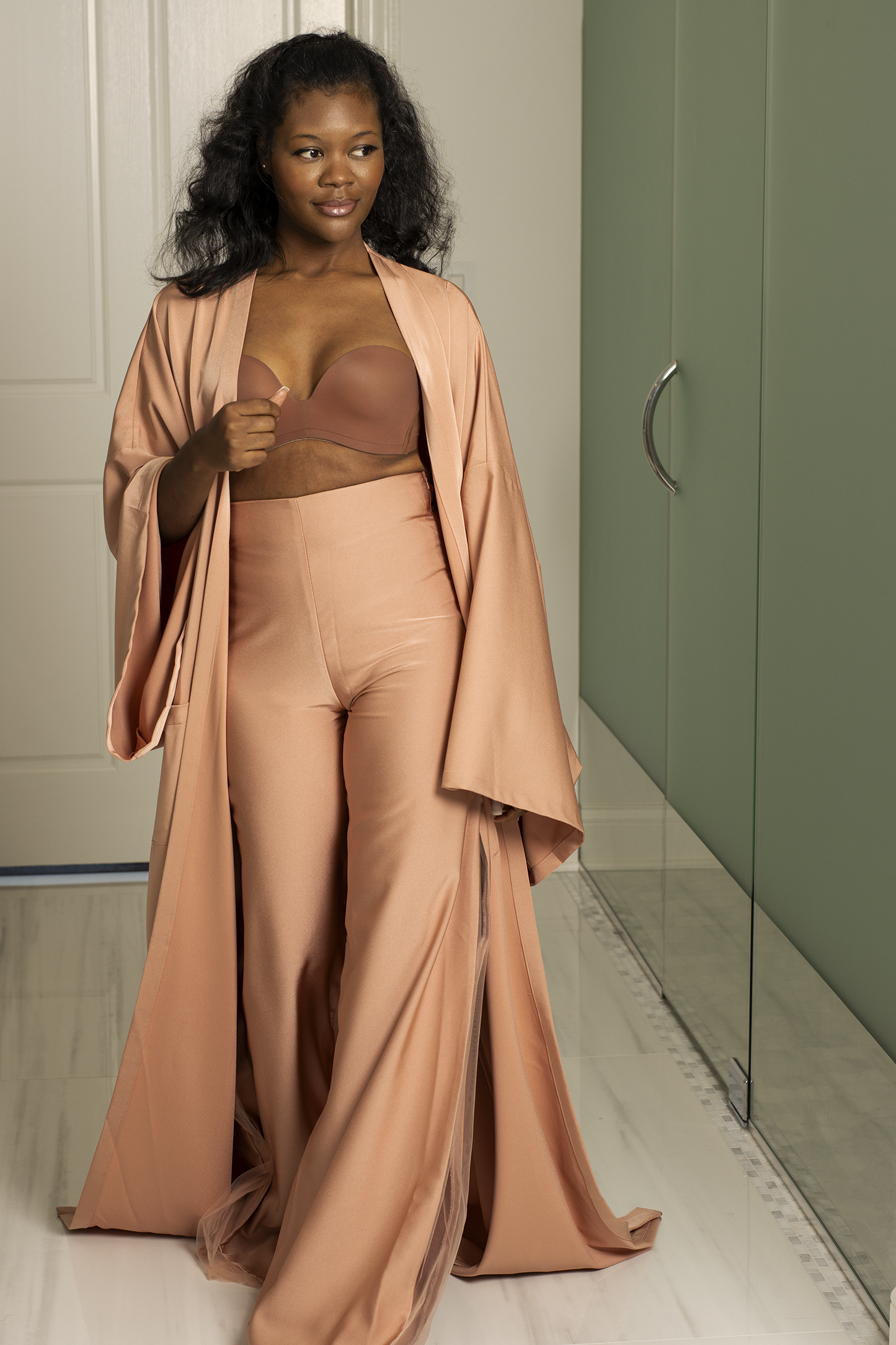 PRE-ORDER | Darling Lounge Lux Set in Rose Quartz | Elegant High-Waisted Sheer Panel Pants & Oversized Robe