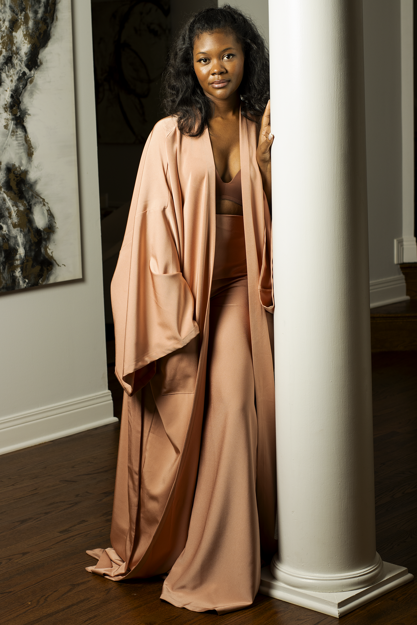 PRE-ORDER | Darling Lounge Lux Set in Rose Quartz | Elegant High-Waisted Sheer Panel Pants & Oversized Robe