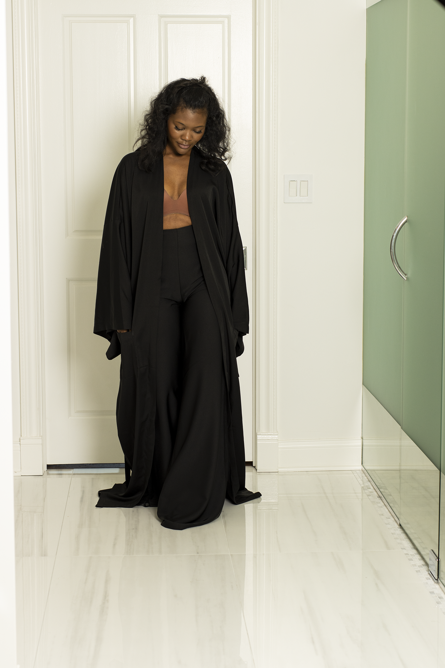 PRE-ORDER | Darling Lounge Lux Set in Black Onyx | Elegant High-Waisted Sheer Panel Pants & Oversized Robe