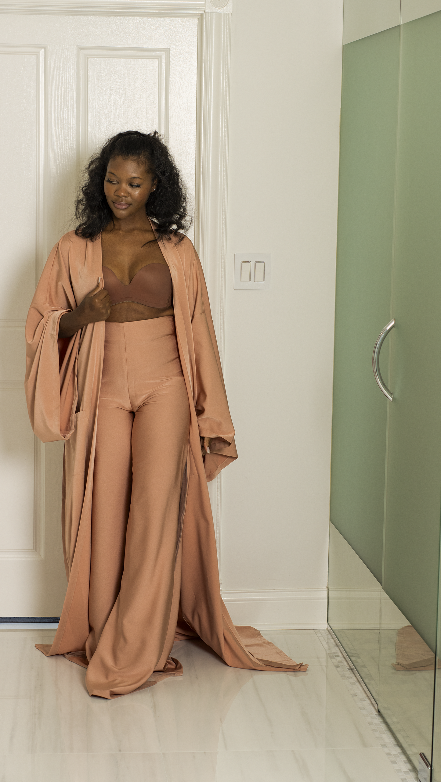 PRE-ORDER | Darling Lounge Lux Set in Rose Quartz | Elegant High-Waisted Sheer Panel Pants & Oversized Robe